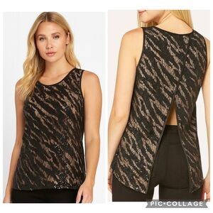 MM Couture Sequin Lace Split Back Sleeveless Top Small NWT Partywear Black